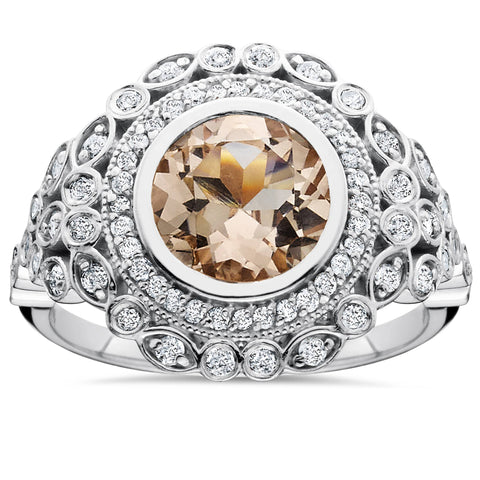 2 ct Morganite & Diamond Vintage Halo Ring 14K White Gold