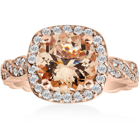 1 7/8ct Morganite & Diamond Engagement Vintage Halo Infinity Ring 14K Rose Gold