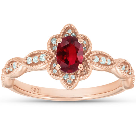 3/4 Ct Oval Genuine Ruby & Diamond Halo Anniversary Engagement Ring Rose Gold