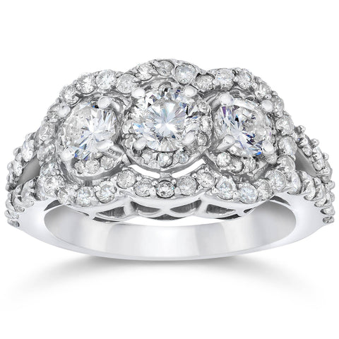 1 1/2ct 3 Stone Halo Genuine 3 Diamond Engagement Ring 14k White Gold