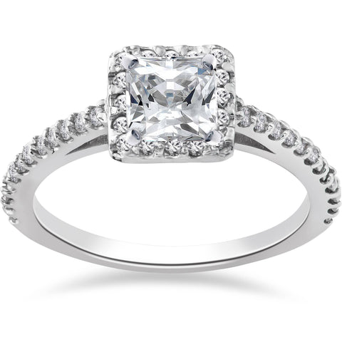 1 ct Princess Cut Halo Genuine Diamond Vintage Engagement Ring 14K White Gold