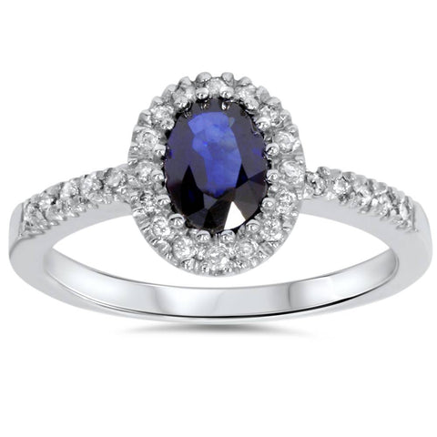 3/4ct Oval Blue Sapphire Halo Diamond Ring 14K White Gold