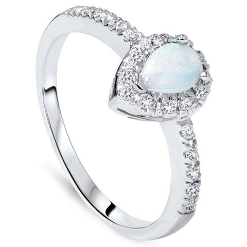 1/2ct Pear Shape Opal & Diamond Halo Ring 14K White Gold