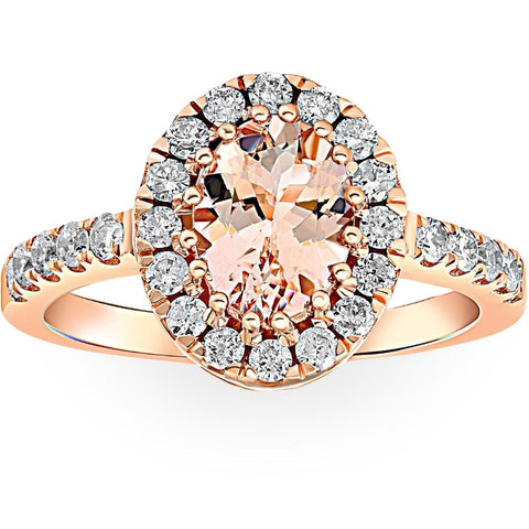 1 1/2 Ct Big Oval Morganite & Diamond Halo Engagement Ring 14K Rose Gold