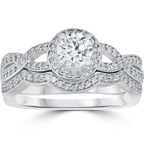 1 1/10ct Curve Engagement Ring & Matching Wedding Band 14K White Gold