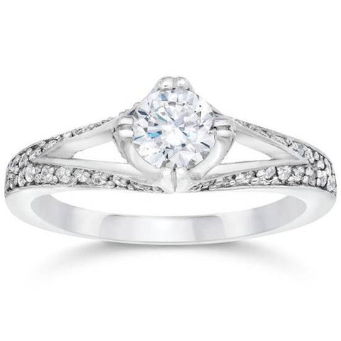 1ct Diamond Split Shank Vintage Engagement Ring 14K White Gold