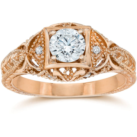 5/8Ct Natural Diamond Filigree Engagement Ring 14K Rose Gold Band