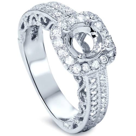 VVS 3/4 Cushion Halo Filigree Engagement Ring Setting 14K White Gold Setting Only