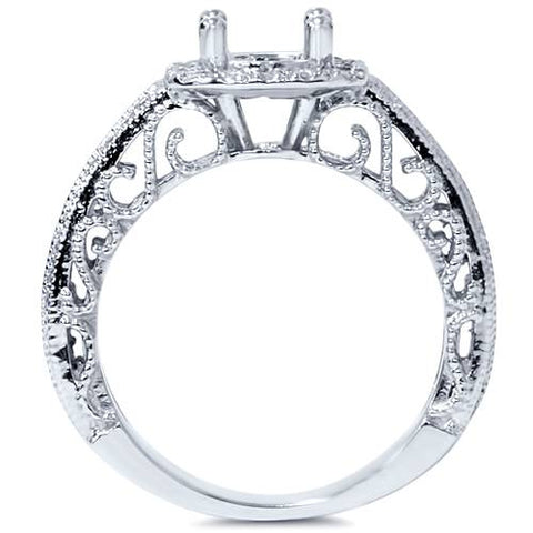 3/4 Cushion Halo Filigree Engagement Ring Setting 14K White Gold
