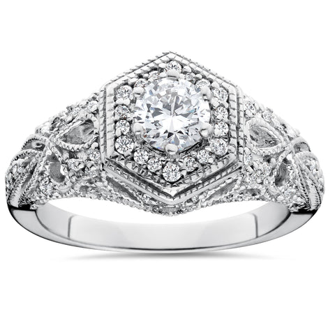 Vintage Halo Diamond Engagement Ring 3/4 Ct Round Filigree Art Deco Antique 14K