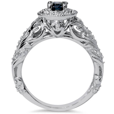 3/4ct Blue & White Diamond Vintage Halo Engagement Ring 14K White Gold