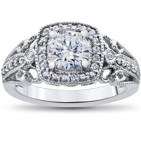 G/SI 1.30Ct Cushion Halo Diamond Antique Engagement Ring 14k White Gold Enhanced