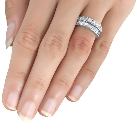 2 1/6ct 3-Stone Diamond Engagement Wedding Ring Set 10K White Gold