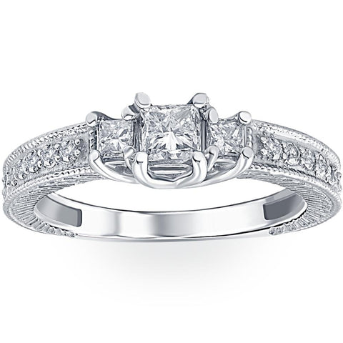 1/2ct Vintage Three Stone Princess Cut Diamond Engagement Ring 14K White Gold