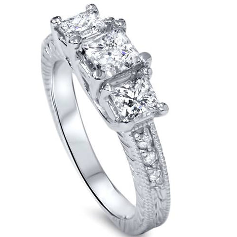 1 1/2ct Vintage Three Stone Princess Cut Diamond Engagement Ring 14K White Gold