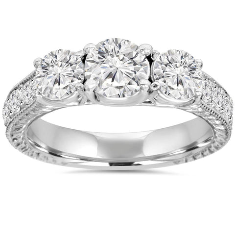 2ct Vintage Diamond Three Stone Round Engagement Ring 14K White Gold