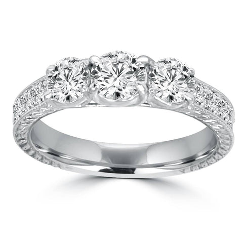 1ct Vintage Three Stone Round Diamond Engagement Ring 14K White Gold