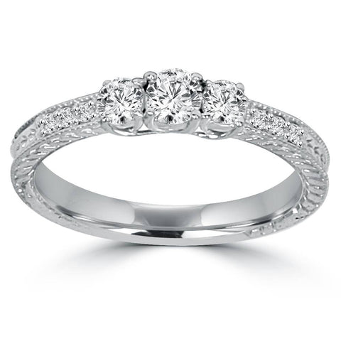 1ct Vintage Diamond Three Stone Round Engagement Ring 14K White Gold