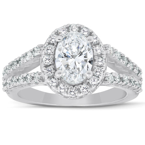 1 1/2Ct Oval (1ct Center) Diamond Halo G/SI Engagement Ring Enhanced White Gold