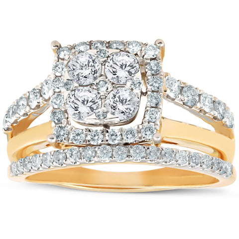 1 1/10 Ct Diamond Cushion Halo Engagement Ring Wedding Set 10k Yellow Gold