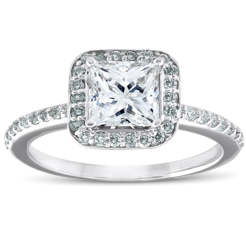 G/SI 1.10 Princess Cut Enhanced Diamond Engagement Halo Ring 14k White Gold