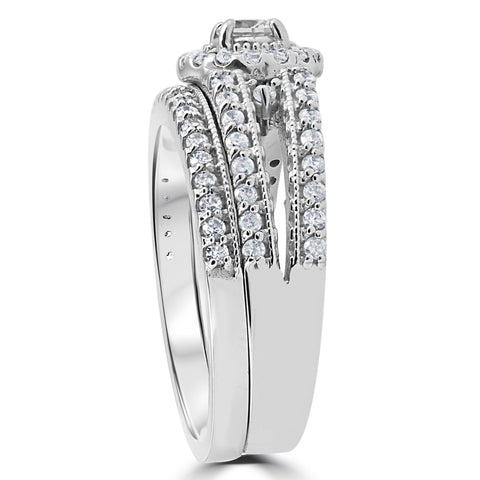 Halo Engagement Bridal Ring Band Set 1.01 Ct Real Diamond Jewelry 14K White Gold