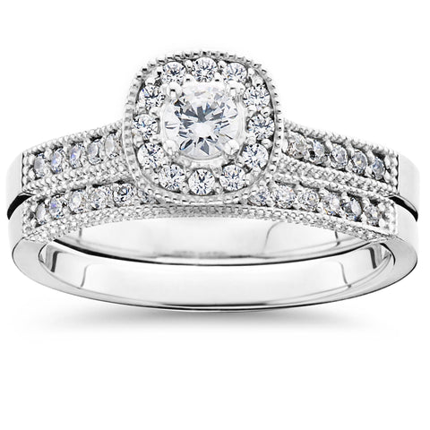 5/8Ct Diamond Bridal Vintage Engagement Ring Set 10K White Gold