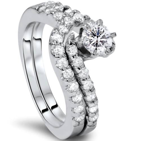 1ct Diamond Pave Engagement Bypass Wedding Ring Set Matching 14K White Gold