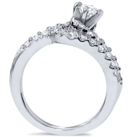 1ct Diamond Pave Engagement Bypass Wedding Ring Set Matching 14K White Gold