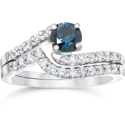 3/4ct Heat Treated Blue & White Diamond Womens Engagement Wedding Ring Set 14K White Gold
