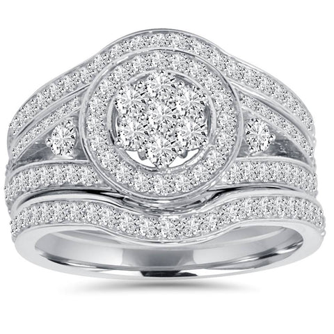 1.00Ct Halo Diamond Engagement Trio Wedding Guard Ring Set White Gold