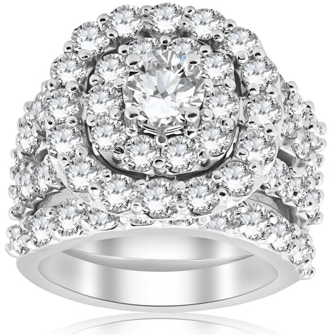 Huge 5.00 CT Diamond Engagement Cushion Halo Trio Engagement Ring Set White Gold