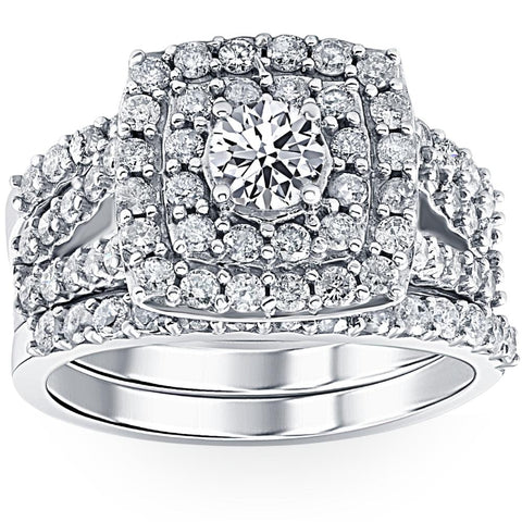 3 ct Diamond Engagement Wedding Double Cushion Halo Trio Ring Set 14k White Gold