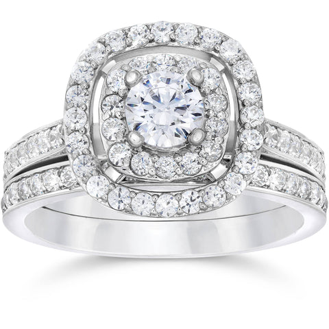 1 1/2ct Double Cushion Halo Real Diamond Engagement Wedding Ring Set White Gold