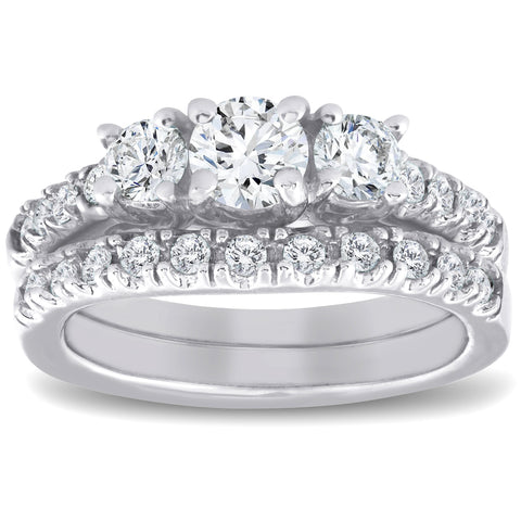 1 1/2 ct 3-Stone Diamond Engagement Ring Matching Wedding Band Set White Gold
