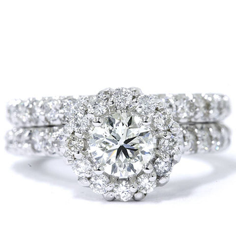 1 7/8 ct Diamond Halo Round Solitaire Engagement Ring Matching Wedding Band 14k