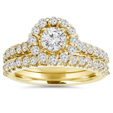 1 7/8ct Round Diamond Halo Engagement Wedding Ring Set 14K Yellow Gold