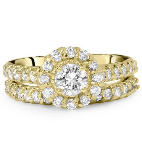 1 7/8ct Round Diamond Halo Engagement Wedding Ring Set 14K Yellow Gold