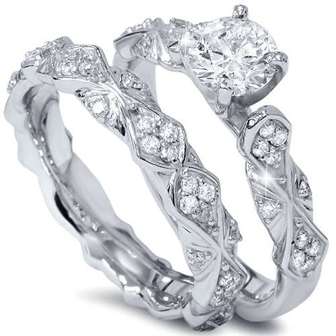 1 1/10ct Sculptural Diamond Engagement Ring Set 14K White Gold
