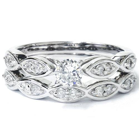 G SI 3/4ct Vintage Diamond Engagement Ring Matching Wedding Band Set White Gold