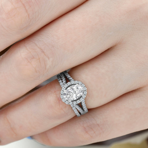 G/SI 1.75Ct Oval Diamond Halo Engagement Wedding Ring Set White Gold Enhanced