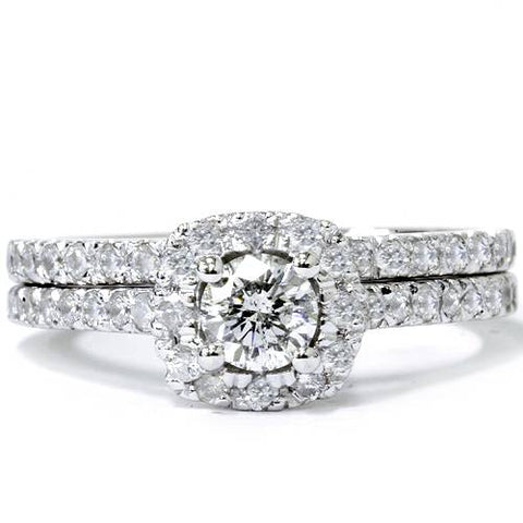 1 ct Diamond Cushion Halo Engagement Wedding Ring Set 14k White Gold