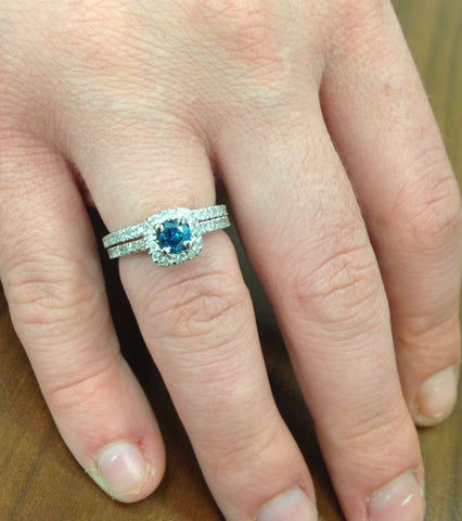 1ct Cushion Halo Blue Diamond Engagement Ring Set 14K White Gold