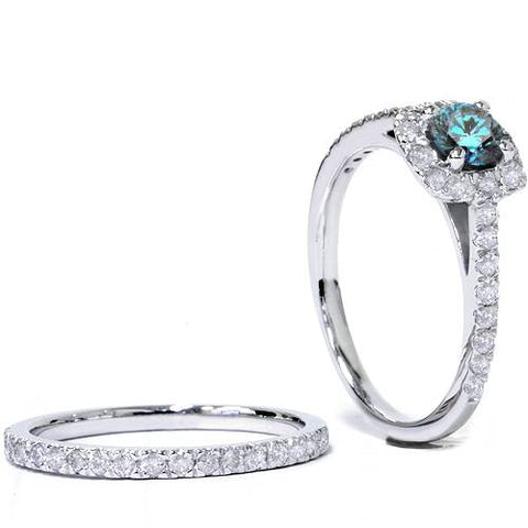 1ct Cushion Halo Blue Diamond Engagement Ring Set 14K White Gold