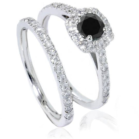 7/8ct Cushion Halo Treated Black Diamond Engagement Ring Set 14K White Gold