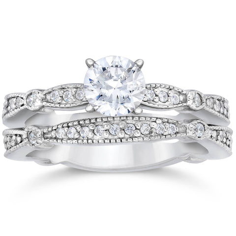 1ct Pave Milgrained Diamond Engagement Wedding Ring Set 14K White Gold