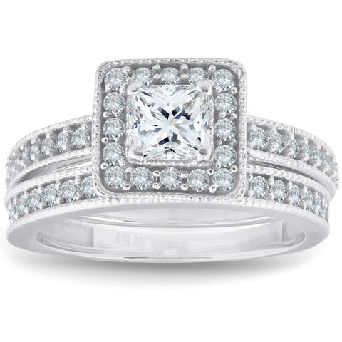 1ct Princess Cut Halo Diamond Engagement Wedding Ring Set 14K White Gold