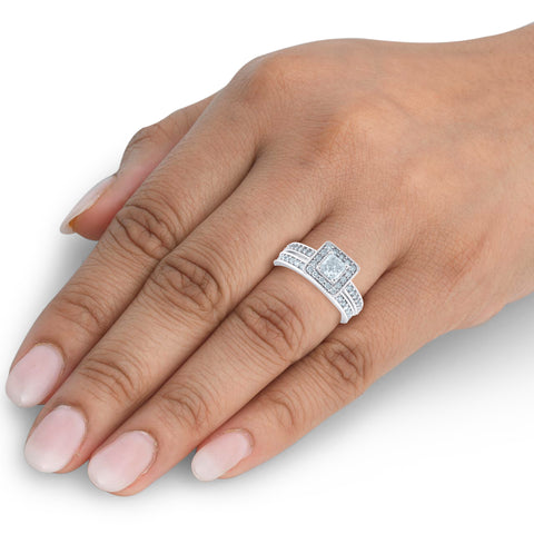 1ct Princess Cut Halo Diamond Engagement Wedding Ring Set 14K White Gold