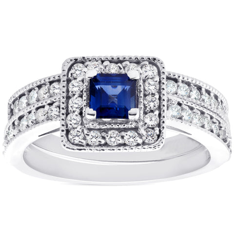 1ct Blue Sapphire Princess Cut Halo Diamond Engagement Ring Set 14K White Gold