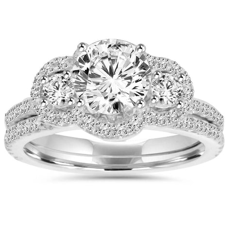 3Ct Enhanced Diamond Engagement 3 Stone Matching Wedding Ring Set 14K White Gold